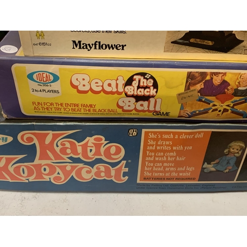 356 - SIX VINTAGE BOXED GAMES TO INCLUDE THUNDERBOLT HORSE, BEAT THE BLACK BALL, KATIE KOPYKAT ETC