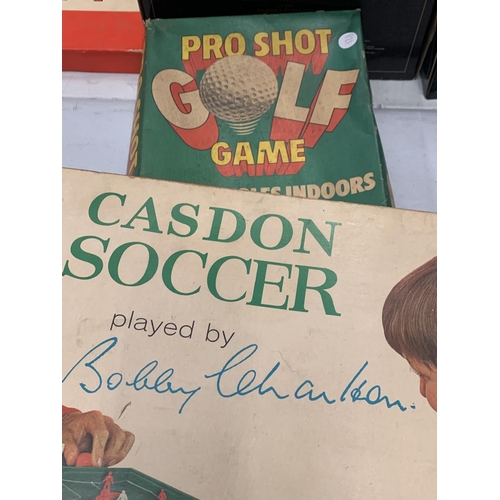 357 - FOUR VINTAGE SPORTS RELATED GAMES TO INCLUDE SHOOT, BLOW FOOTBALL, CASDON SOCCER AND PRO SHOT GOLF G... 