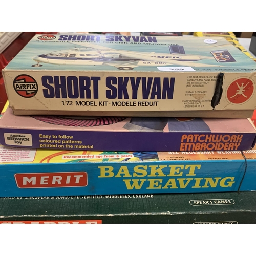 359 - SIX GAMES/CRAFT KITS TO INCLUDE A SHORT SKYVAN, WEAVING, EMBROIDERY ETC