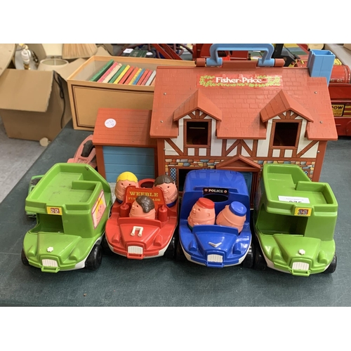 375 - A FISHER PRICE PLAYHOUSE AND GARAGE TO INCLUDE FOUR WEEBLE TRUCKS