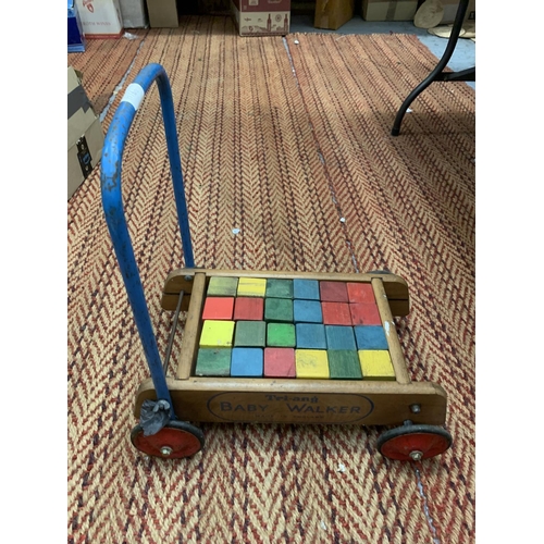 378 - A VINTAGE WOODEN TRI-ANG BABY WALKER TO INCLUDE WOODEN BLOCKS