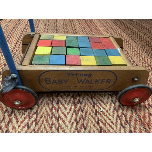 378 - A VINTAGE WOODEN TRI-ANG BABY WALKER TO INCLUDE WOODEN BLOCKS