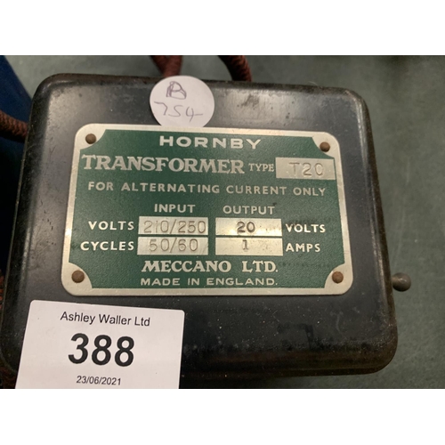 388 - A HORNBY TRANSFORMER TYPE T20 (FOR ALTERNATING CURRENT ONLY) AND A SWITCH