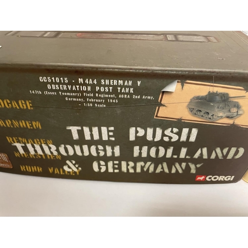 457 - A BOXED CORGI MODEL SHERMAN TANK FROM THE PUSH THROUGH HOLLAND AND GERMANY RANGE - NUMBER CC51015