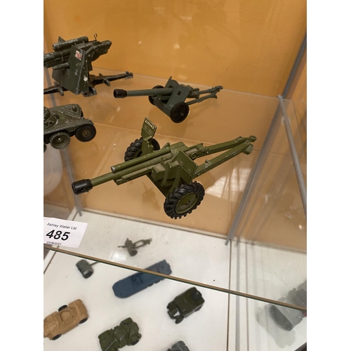 485 - FOUR UNBOXED DINKY MODEL MILITARY VEHICLES - AN EBR PANHARD AND THREE FIELD GUNS