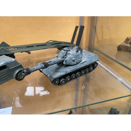 488 - THREE UNBOXED DINKY MODEL MILITARY VEHICLES - A LEOPARD TANK, A VW  KDF AND A TANK TRANSPORTER