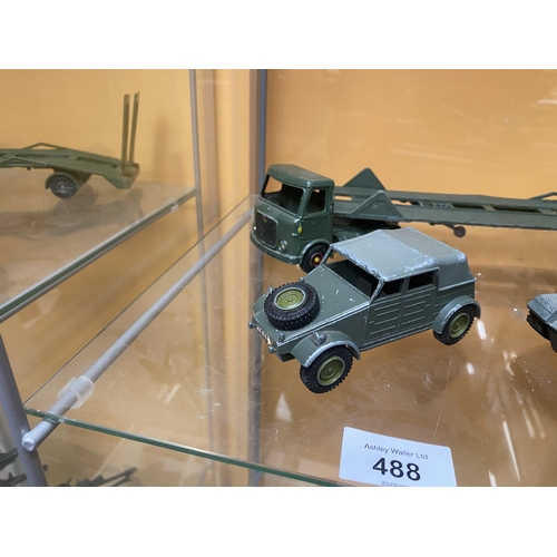 488 - THREE UNBOXED DINKY MODEL MILITARY VEHICLES - A LEOPARD TANK, A VW  KDF AND A TANK TRANSPORTER