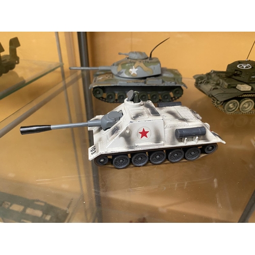 491 - FOUR UNBOXED DINKY MODEL MILITARY VEHICLES - AN SU-100 TANK, AN M3 HALF TRACK, A CROMWELL TANK AND A... 