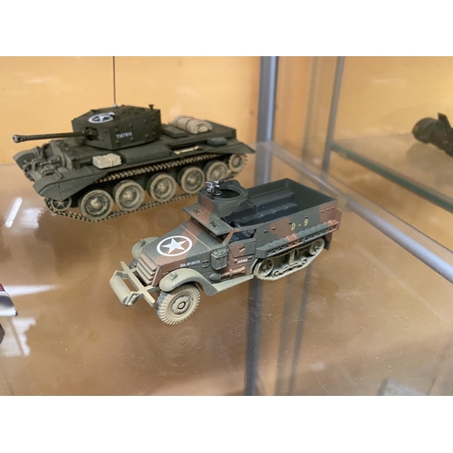 491 - FOUR UNBOXED DINKY MODEL MILITARY VEHICLES - AN SU-100 TANK, AN M3 HALF TRACK, A CROMWELL TANK AND A... 