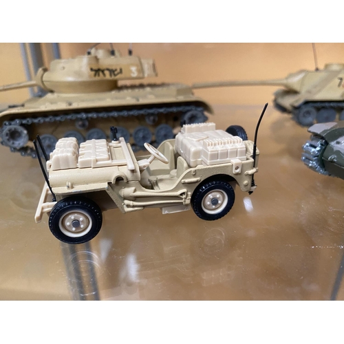 499 - FOUR UNBOXED MODEL MILITARY VEHICLES - A JEEP, A RENAULT TANK, AN M47 TANK AND A CHAR SU 100 TANK