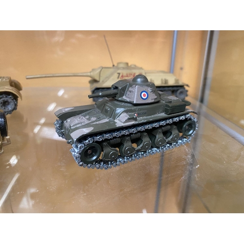 499 - FOUR UNBOXED MODEL MILITARY VEHICLES - A JEEP, A RENAULT TANK, AN M47 TANK AND A CHAR SU 100 TANK