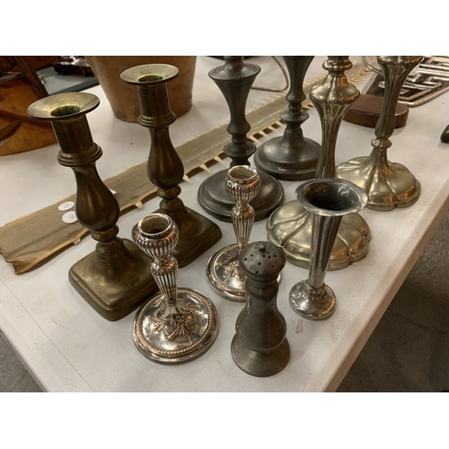 100 - A COLLECTION OF SILVER PLATED AND PEWTER CANDLESTICKS