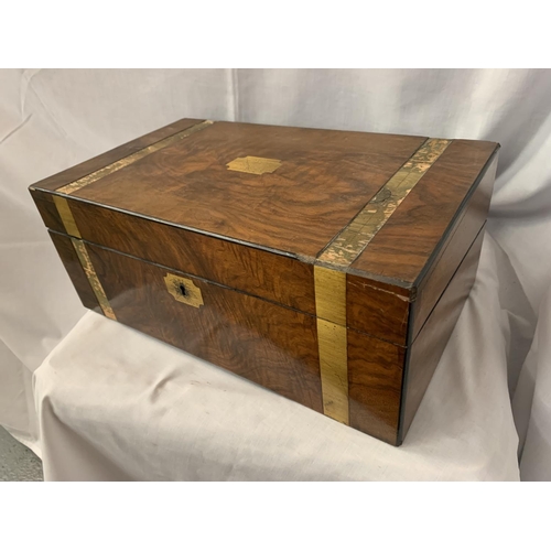 16 - A BANDED MAHOGANY BOX WITH BRASS INLAY (LOCKED NO KEY)