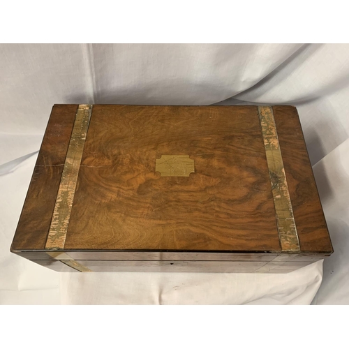 16 - A BANDED MAHOGANY BOX WITH BRASS INLAY (LOCKED NO KEY)