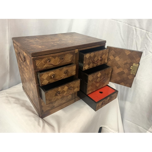 2 - A MARQUETRY CABINET WITH FOUR DRAWERS, TWO INNER DRAWERS, DECORATIVE HINGES AND SIDE HANDLES (NO KEY... 