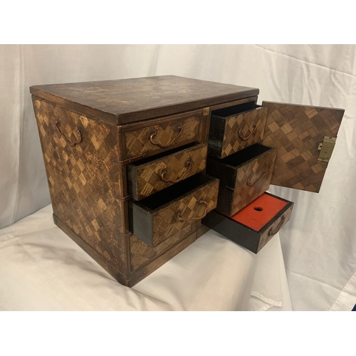 2 - A MARQUETRY CABINET WITH FOUR DRAWERS, TWO INNER DRAWERS, DECORATIVE HINGES AND SIDE HANDLES (NO KEY... 