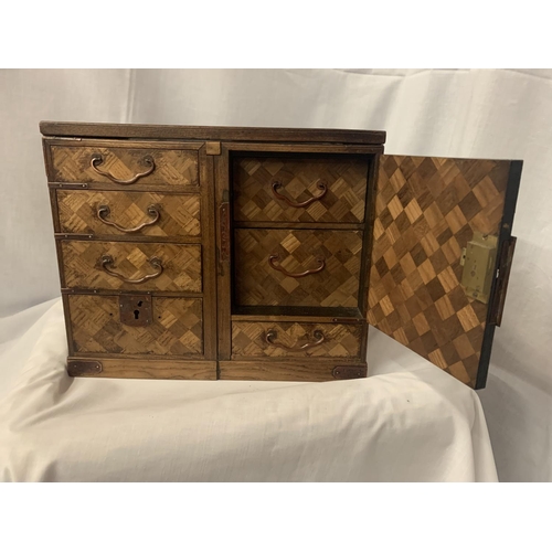 2 - A MARQUETRY CABINET WITH FOUR DRAWERS, TWO INNER DRAWERS, DECORATIVE HINGES AND SIDE HANDLES (NO KEY... 