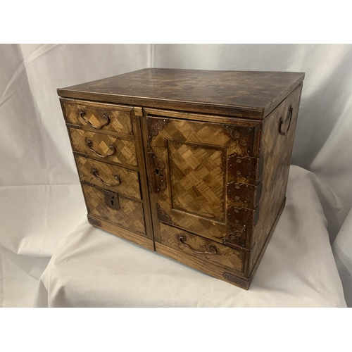 2 - A MARQUETRY CABINET WITH FOUR DRAWERS, TWO INNER DRAWERS, DECORATIVE HINGES AND SIDE HANDLES (NO KEY... 