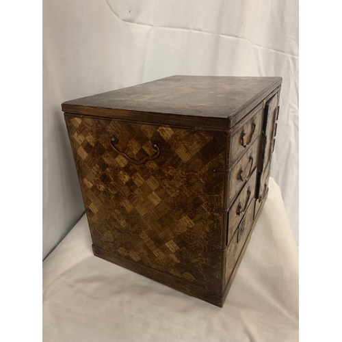 2 - A MARQUETRY CABINET WITH FOUR DRAWERS, TWO INNER DRAWERS, DECORATIVE HINGES AND SIDE HANDLES (NO KEY... 