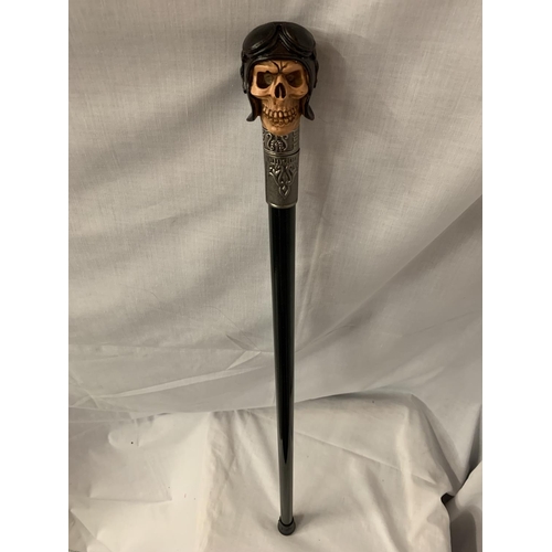 36 - A WALKING STICK WITH A STEAMPUNK STYLE SKULL HEAD HANDLE