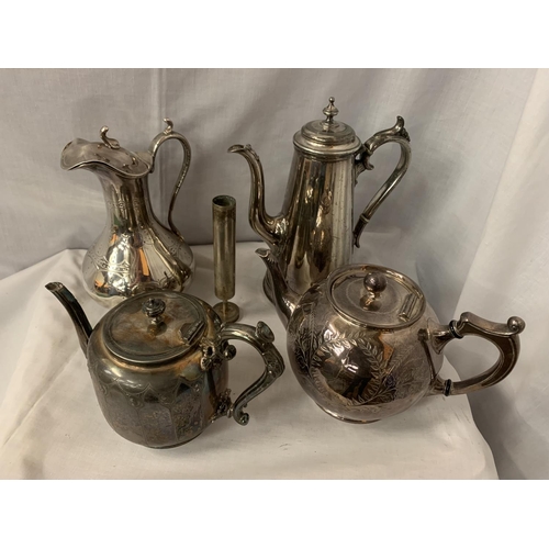 39 - A COLLECTION OF EPNS AND SILVER PLATE ITEMS TO INCLUDE HANDLED TRAY, TWO COFFEE POTS AND TWO TEA POT... 