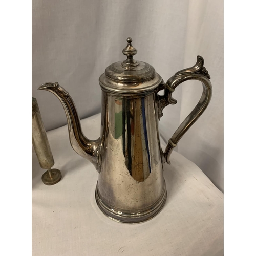 39 - A COLLECTION OF EPNS AND SILVER PLATE ITEMS TO INCLUDE HANDLED TRAY, TWO COFFEE POTS AND TWO TEA POT... 