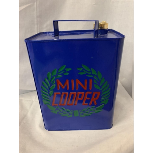 45 - A BLUE MINI COOPER PETROL CAN WITH BRASS STOPPER