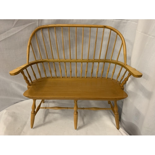 49 - TWO WOODEN APPRENTICE PICE ITEMS - A WINDSOR ARM CHAIR (REPAIR TO ARM) AND A TWO SEATER ARMCHAIR