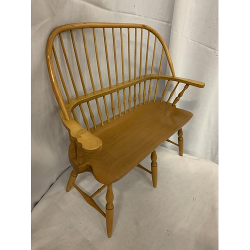 49 - TWO WOODEN APPRENTICE PICE ITEMS - A WINDSOR ARM CHAIR (REPAIR TO ARM) AND A TWO SEATER ARMCHAIR