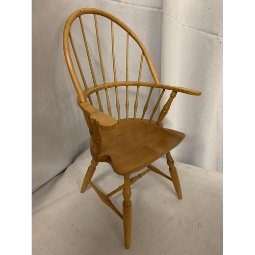 49 - TWO WOODEN APPRENTICE PICE ITEMS - A WINDSOR ARM CHAIR (REPAIR TO ARM) AND A TWO SEATER ARMCHAIR