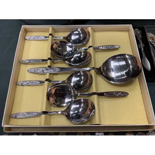 54 - A LARGE COLLECTION OF SOUVENIR SPOONS AND A BOXED SET OF FRUIT SPOONS WITH SERVING SPOON