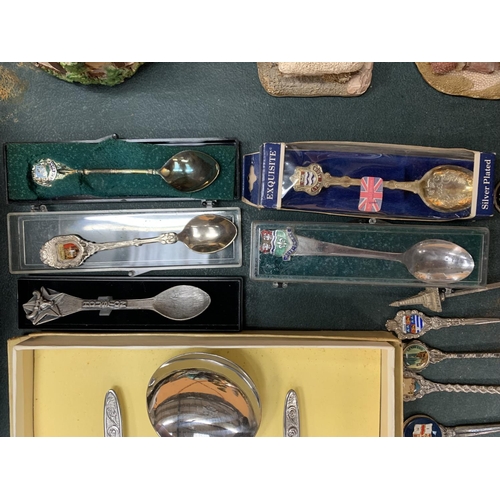 54 - A LARGE COLLECTION OF SOUVENIR SPOONS AND A BOXED SET OF FRUIT SPOONS WITH SERVING SPOON