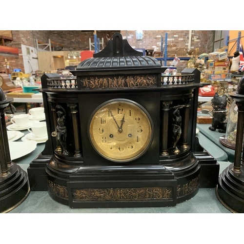 64 - A LARGE DECORATIVE POLISHED SLATE OVER MANTEL CLOCK WITH EMBOSSED COPPER DEPICTING ROMAN SCENES 50CM... 