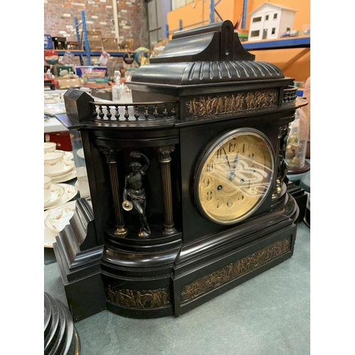 64 - A LARGE DECORATIVE POLISHED SLATE OVER MANTEL CLOCK WITH EMBOSSED COPPER DEPICTING ROMAN SCENES 50CM... 