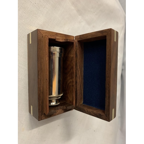 68 - A CHROME TELESCOPE IN WOODEN HINGED BOX WITH BRASS DETAILING