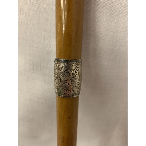 91 - A WALKING STICK WITH SILVER HALLMARKED BAND