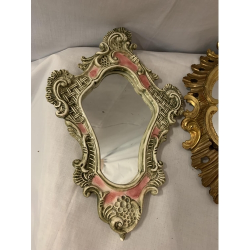 96 - A PAIR OF ORNATE CERAMIC MIRRORS AND A FURTHER GILT FRAMED MIRROR