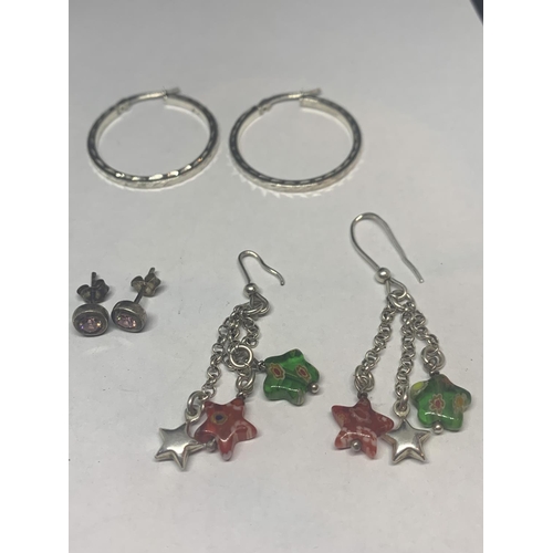 660 - FIVE PAIRS OF SILVER EARRINGS TO INCLUDE DANGLE, HOOP AND STUD