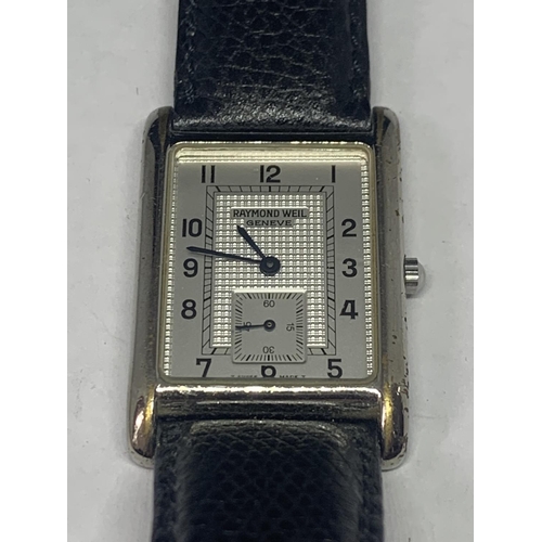 684 - A RAYMOND WEIL GENEVE WRIST WATCH WITH A WHITE METAL RECTANGULAR FACE