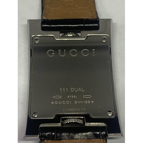 685 - A GUCCI 111 DUAL DRESS WATCH WITH A WHITE METAL RECTANGULAR FACE