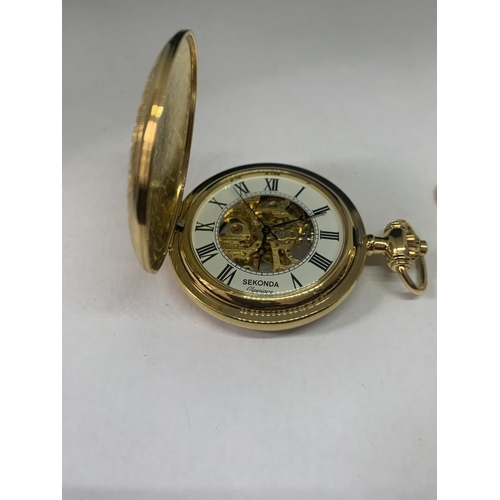 688 - A YELLOW METAL SEKONDA POCKET WATCH AND CHAIN IN A PRESENTATION BOX