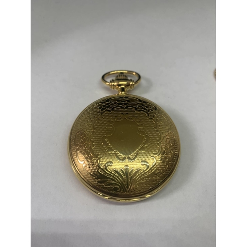 688 - A YELLOW METAL SEKONDA POCKET WATCH AND CHAIN IN A PRESENTATION BOX