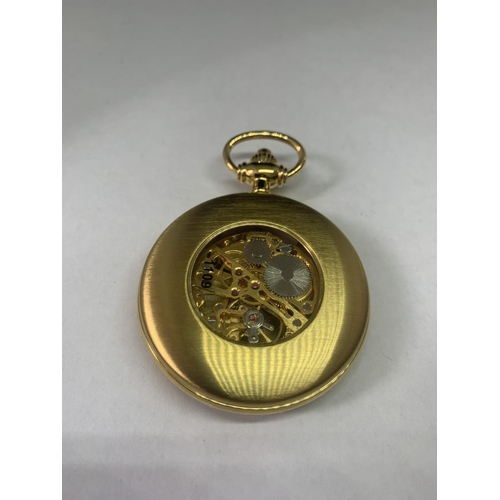 688 - A YELLOW METAL SEKONDA POCKET WATCH AND CHAIN IN A PRESENTATION BOX