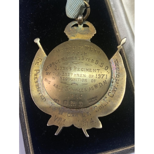 694 - A HALLMARKED LONDON SILVER AND ENAMEL MEDAL AND ROBBON ENGRAVED TO REAR WITH ORIGINAL BOX FROM HANTS... 