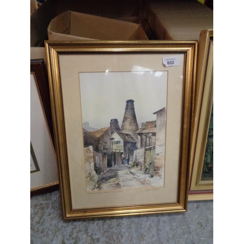 802 - TWO FRAMED SIGNED PRINTS ONE OF WOOLLISCROFTS FACTORY AND HENLEY AND GLADSTONE POTTERY MUSEUM