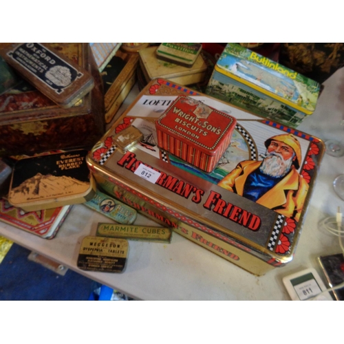 812 - A LARGE COLLECTION OF VARIOUS VINTAGE TINS TO INCLUDE A FISHERMANS FRIEND, WRIGHT & SONS BISCUIT, MA... 