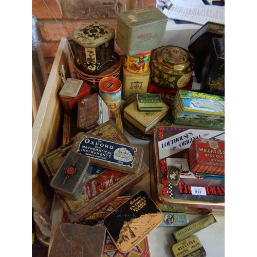 812 - A LARGE COLLECTION OF VARIOUS VINTAGE TINS TO INCLUDE A FISHERMANS FRIEND, WRIGHT & SONS BISCUIT, MA... 