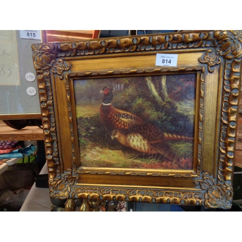 814 - TWO ORNATE GILT FRAMED OIL ON CANVAS PAINTINGS OF A PHEASANT AND A THOROUGHBRED HORSE