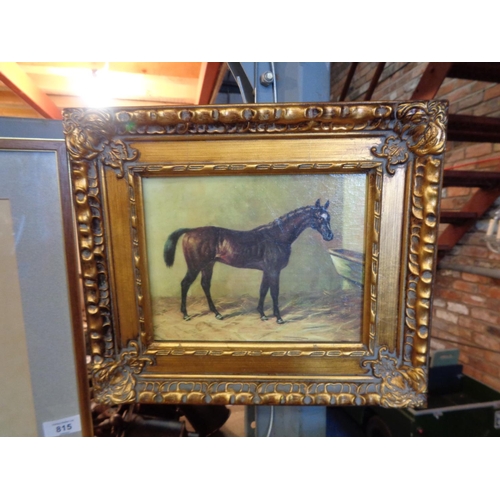 814 - TWO ORNATE GILT FRAMED OIL ON CANVAS PAINTINGS OF A PHEASANT AND A THOROUGHBRED HORSE