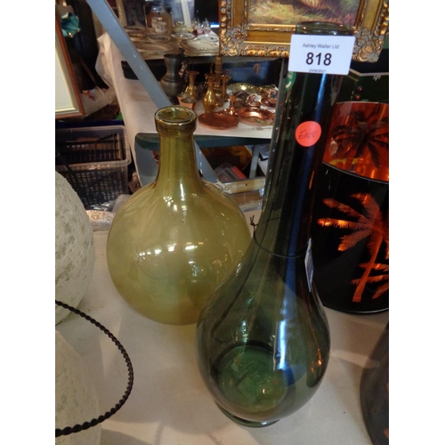 818 - THREE TALL COLOURED GLASS BOTTLES/VASES